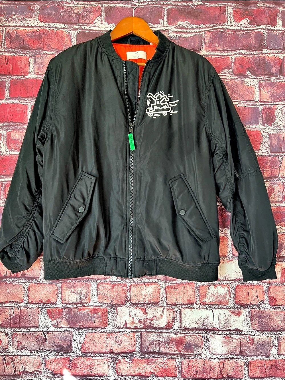H&M x Keith Haring Kids Black Pop Art Bomber Jacket Orange Lining 16